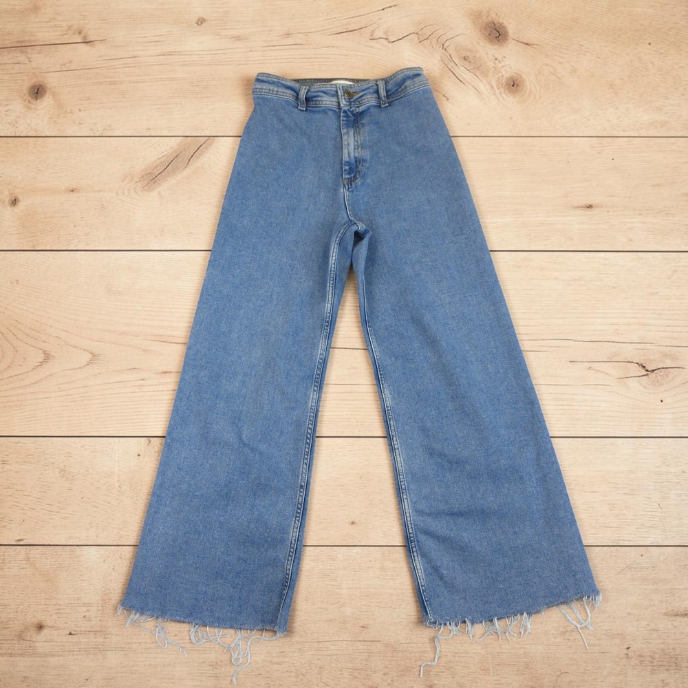 Zara Wide Leg Jeans Women‎ 6 Blue Medium Wash No Side Seams Raw Hem High Rise